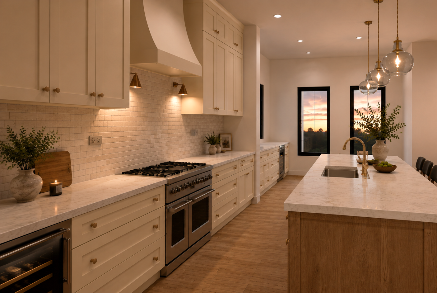 Chef's kitchen with quartz waterfall island and brass pendants at dusk