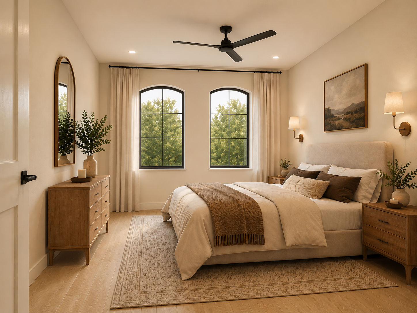 Primary bedroom with arched windows, neutral linens, and warm wood accents
