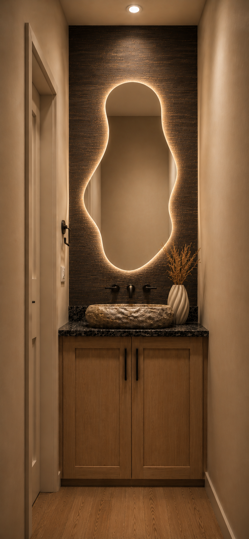 Powder bath with sculptural backlit mirror, vessel sink, and dark textured wall