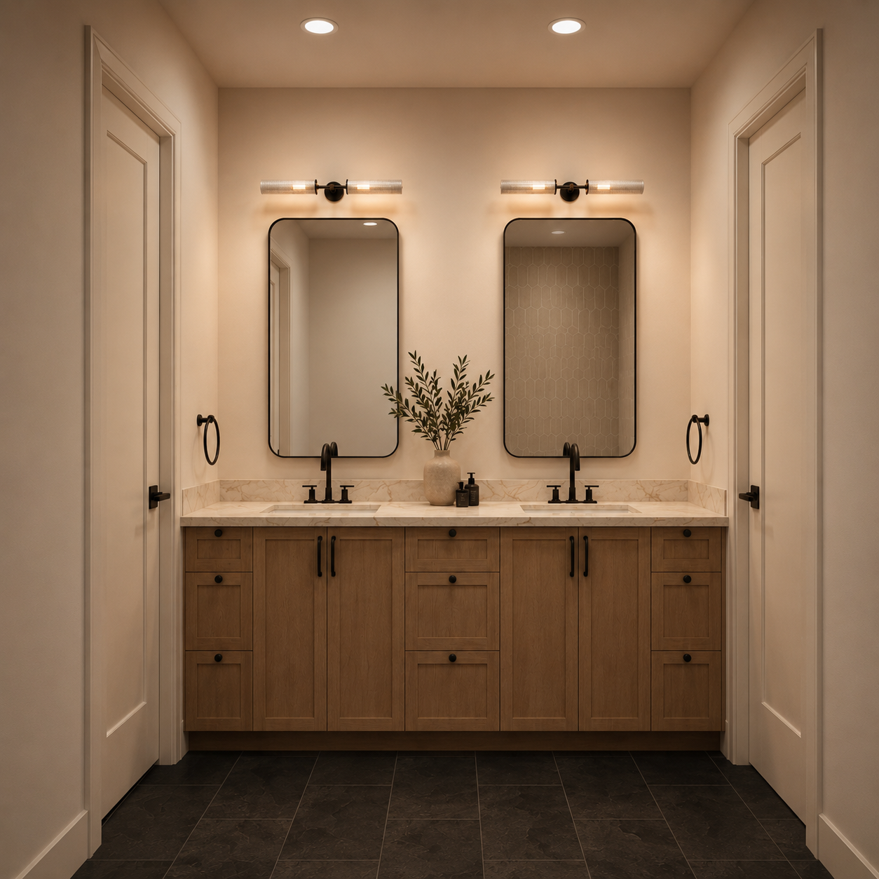 Secondary bathroom double vanity with oak cabinetry, black fixtures, and twin mirrors