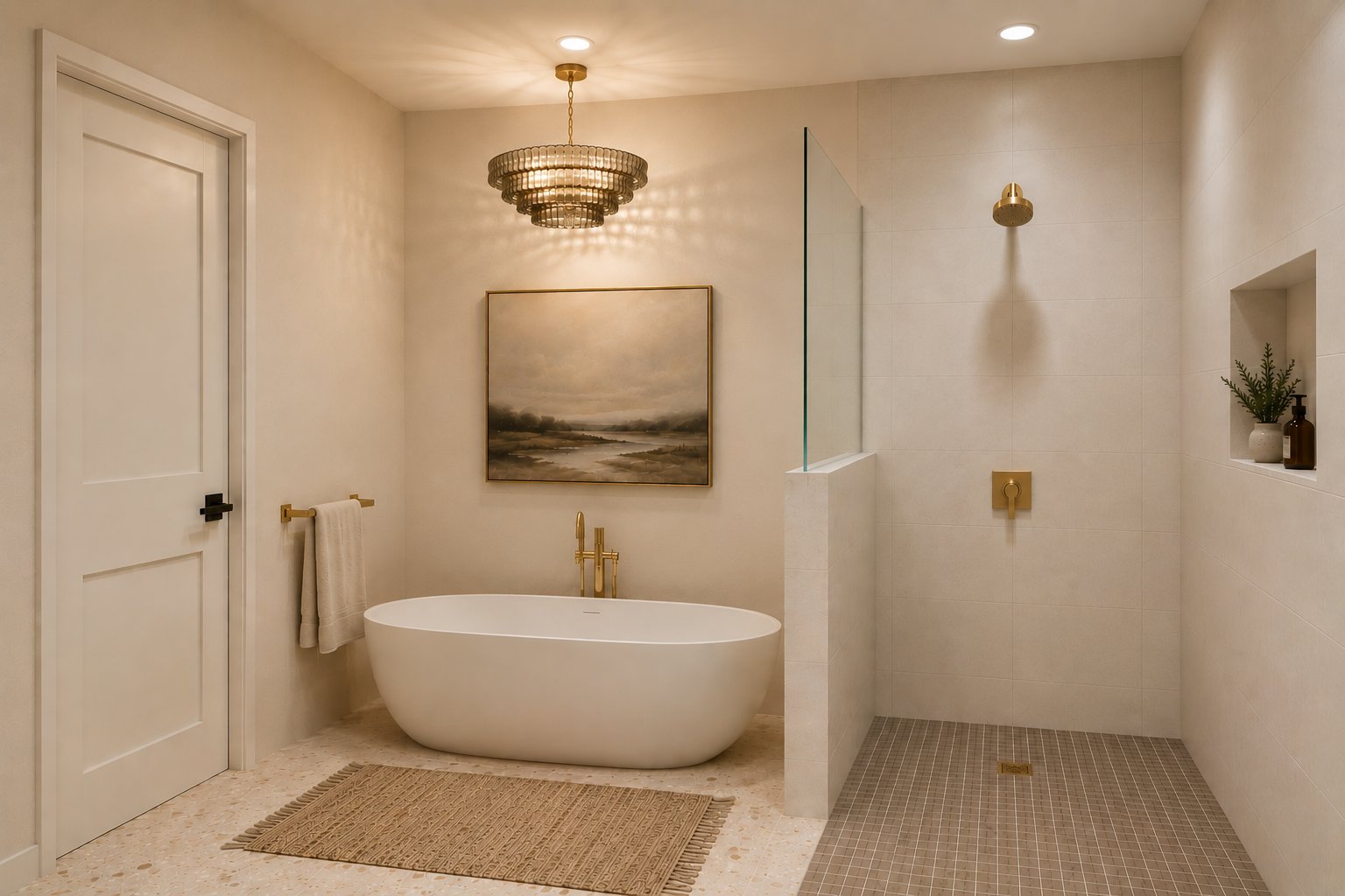 Primary bath with freestanding tub, brass fixtures, and walk-in shower