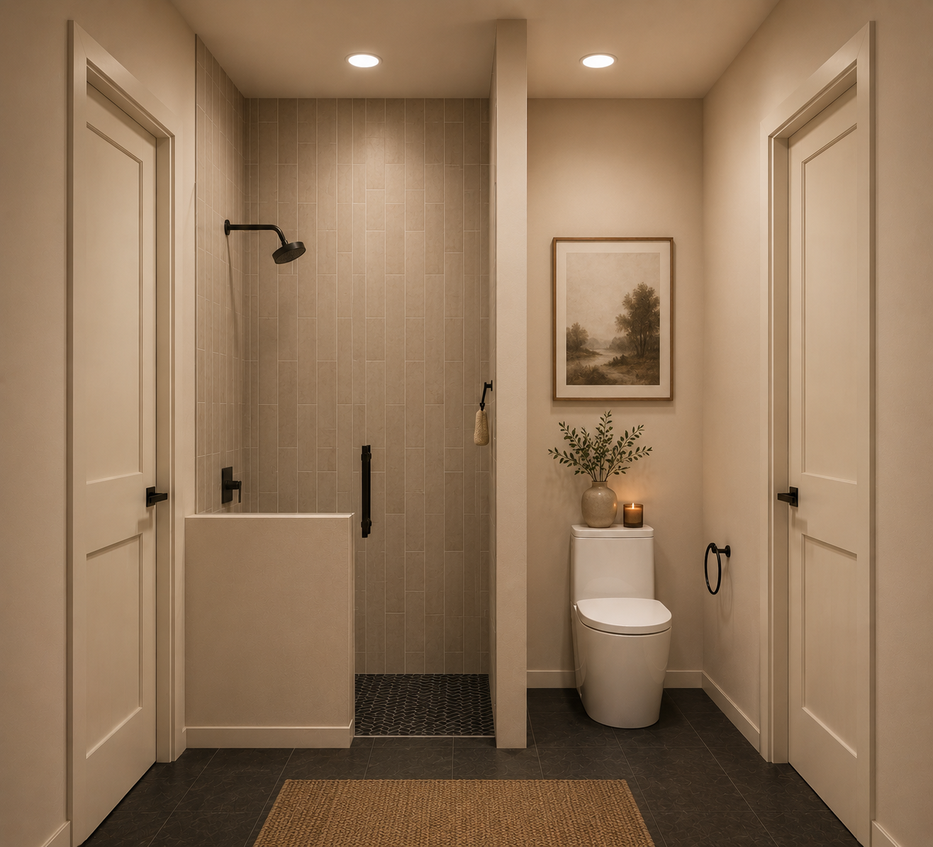 Secondary bathroom shower with warm tile, black fixtures, and framed art