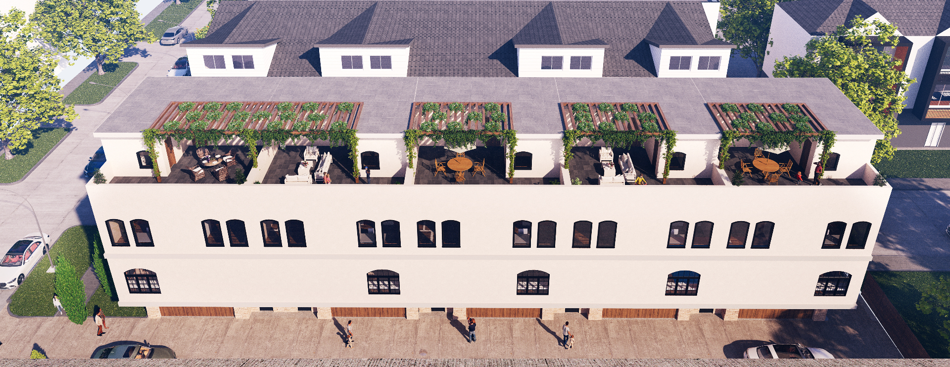 Aerial rendering of the rooftop terraces with pergolas