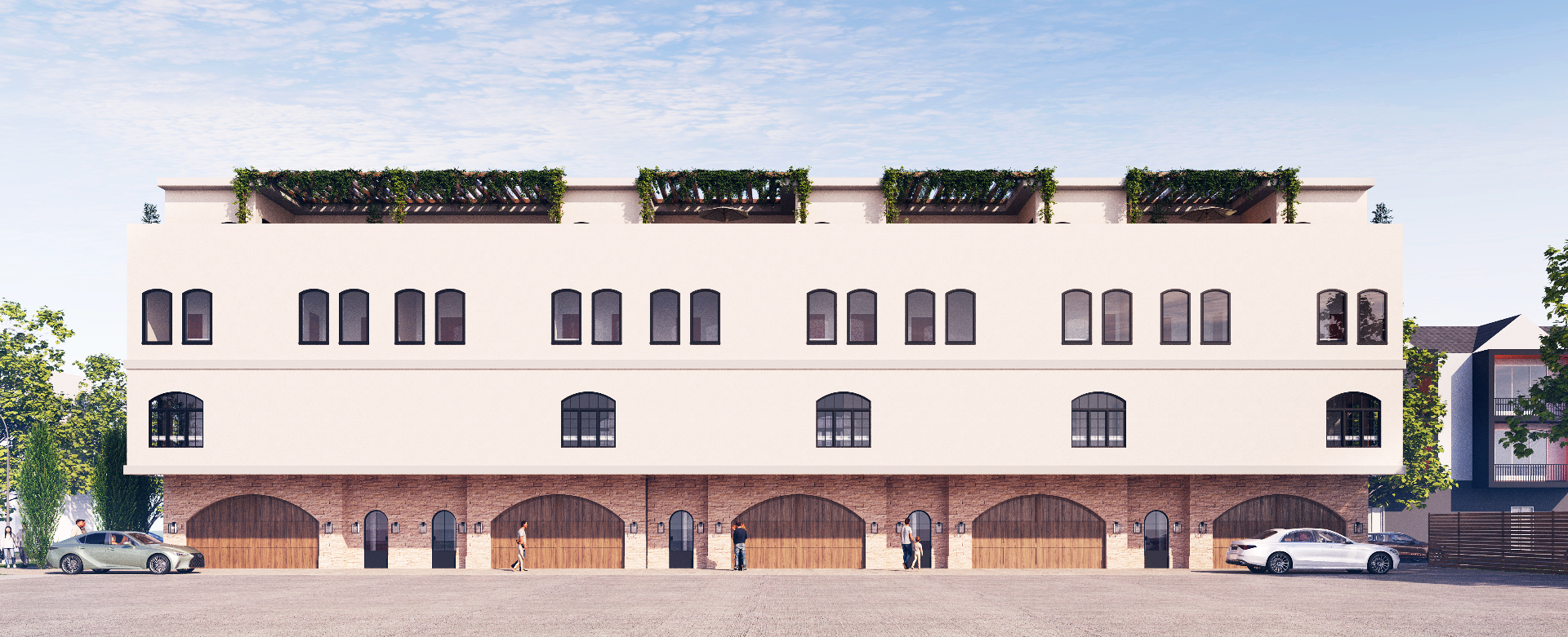 Front elevation rendering showing arched windows and rooftop pergolas