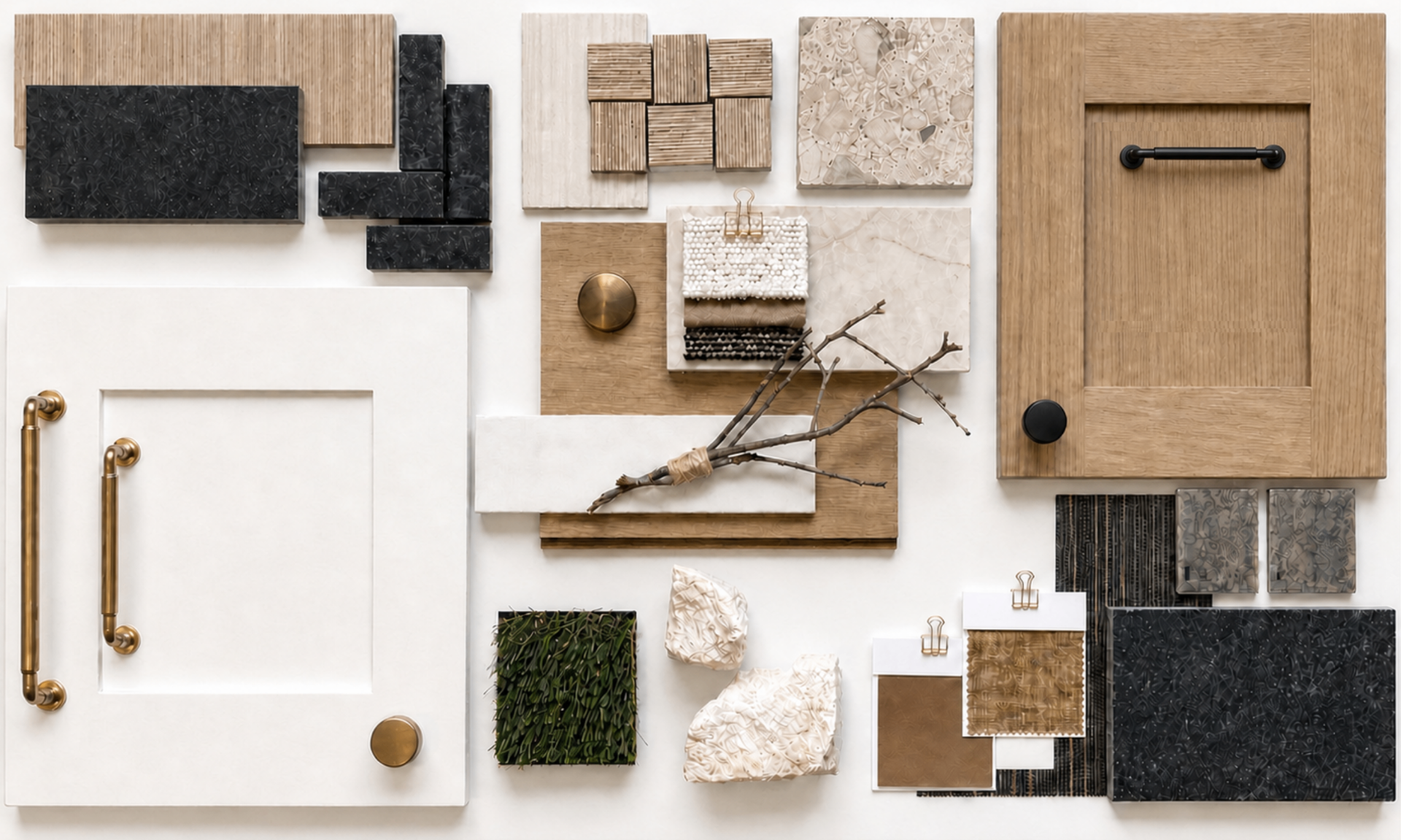 Material palette: quartz, white oak, champagne brass, natural stone