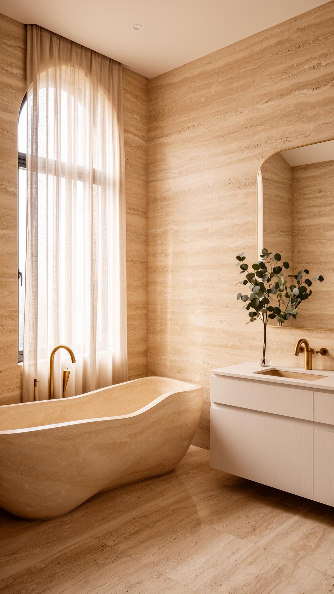 Primary bath with natural stone and arched window