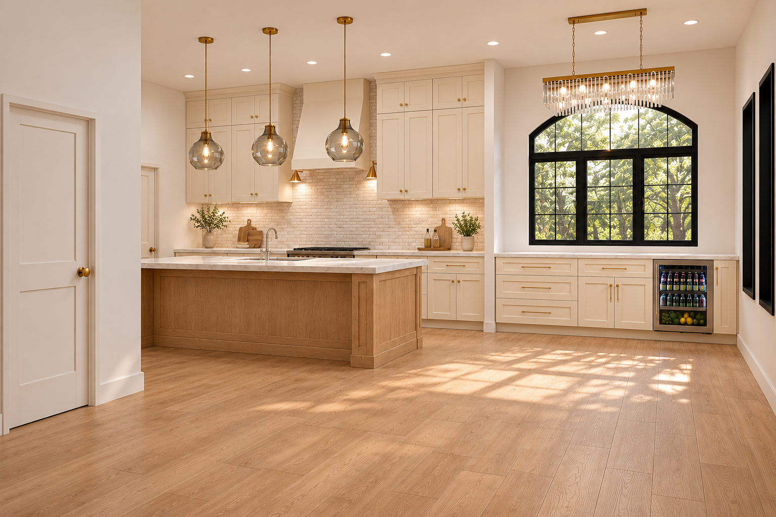 Chef's kitchen with quartz waterfall island