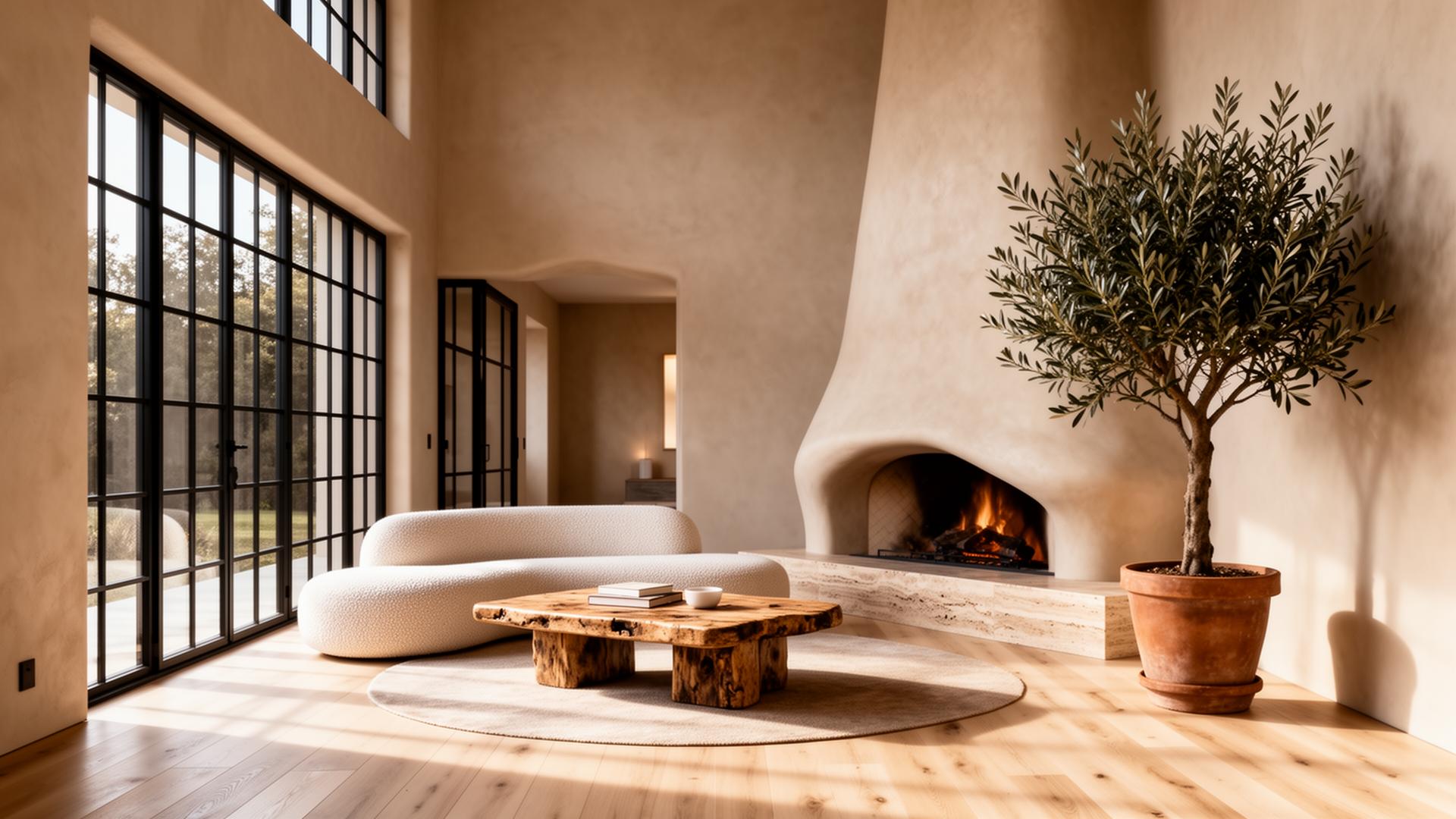 Soaring living room with curved natural stone fireplace