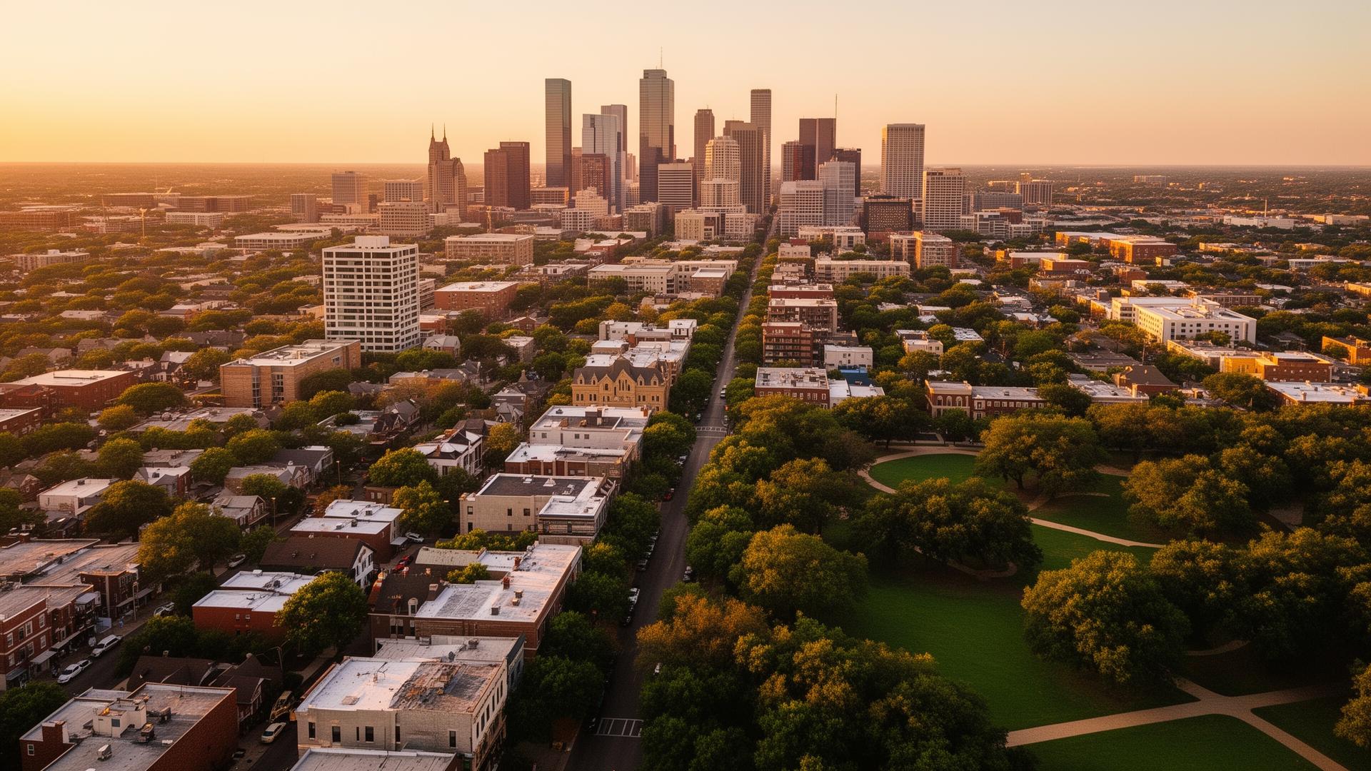 Aerial view of central Dallas at golden hour